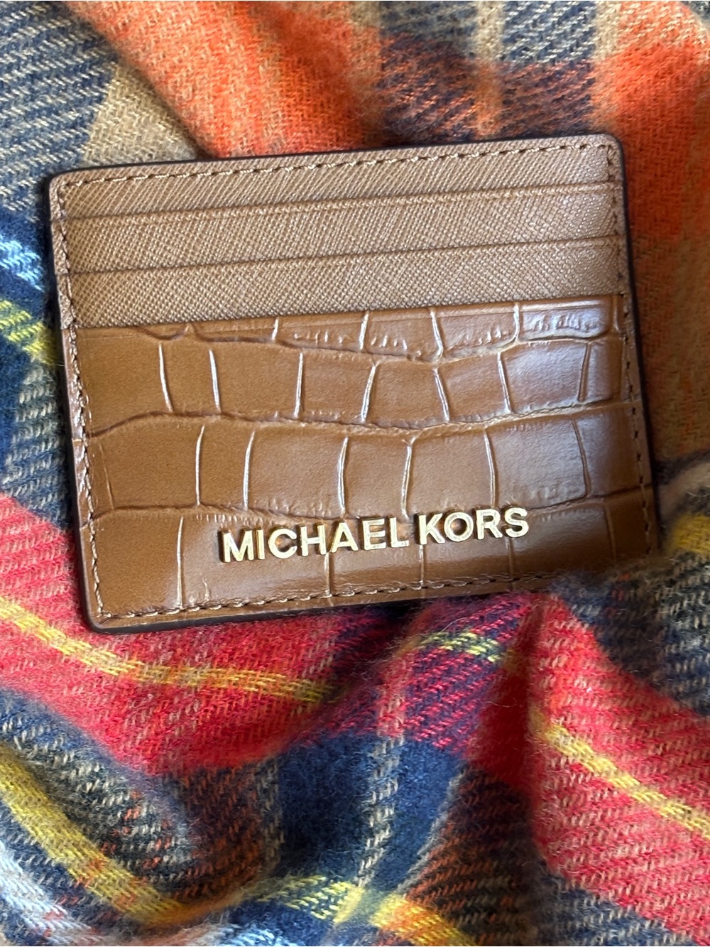 Michael Kors Jet Set Small Croc Embossed Leather Card Case Wallet Luggage Tan
